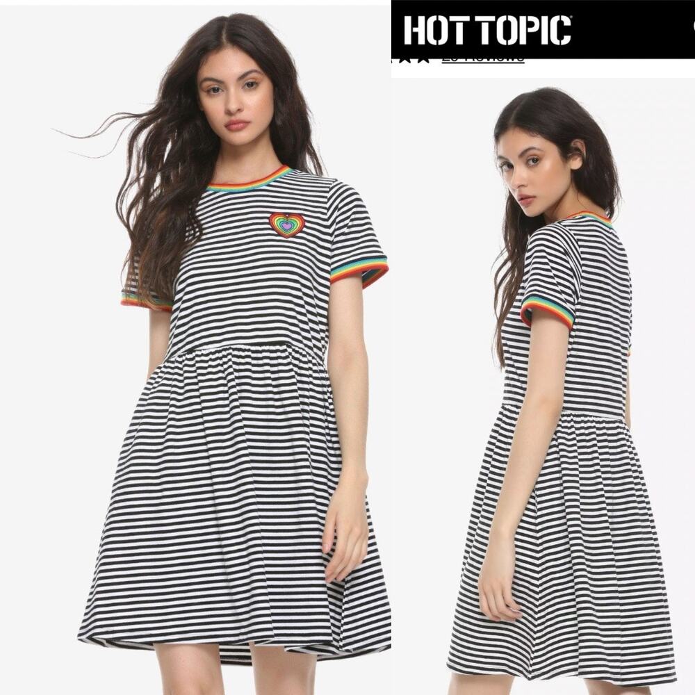 Hot Topic Striped Ringer Skater Mini Dress Sz Small Rainbow Heart Patch